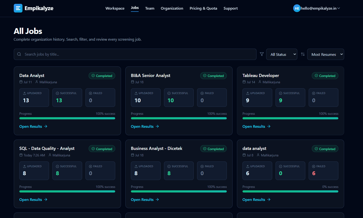 Empikalyze jobs page listing the screening job history with search and filters, showing each job's status, resume counts, and success and failure counts