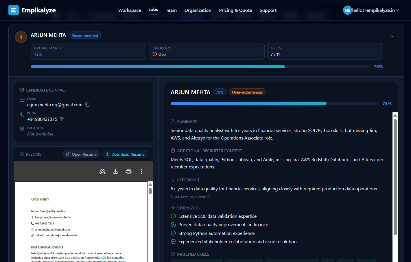 Empikalyze job results page showing candidates ranked by match score with tier badges, experience and skills metrics, filters by tier and score band, and per-candidate AI analysis