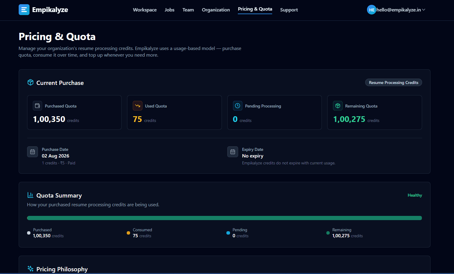 Empikalyze pricing and quota page where administrators purchase Resume Processing Credits and track purchased, used, pending, and remaining quota