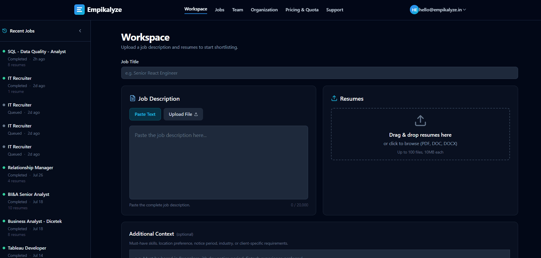 Empikalyze Workspace where a recruiter adds the job title, pastes or uploads the job description, writes optional additional context, and uploads up to 100 resumes before starting AI screening